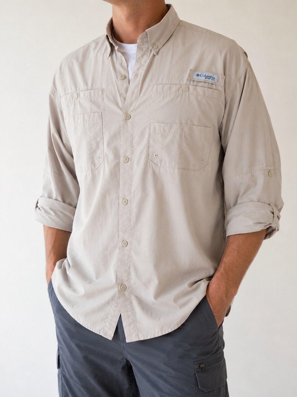 Columbia PFG Fishing Shirt Mens M Beige Long Sleeve Vented Omni-Shade Performanc